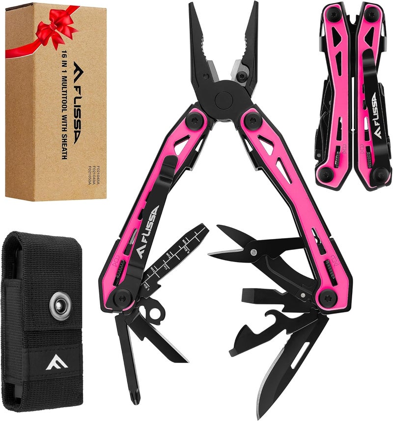 FLISSA 16-in-1 Pink Multi Tool Pliers, Gifts for Men, Stainless Steel EDC Multitool with Pocket Knife, Belt Clip and Oxford Pouch, for Camping Survival Outdoor Activities - Image 1